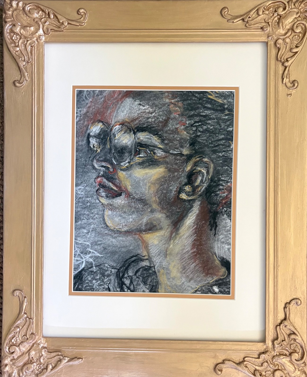 Portrait of a Woman with Glasses, Original Charcoal Drawing, Framed, Figurative