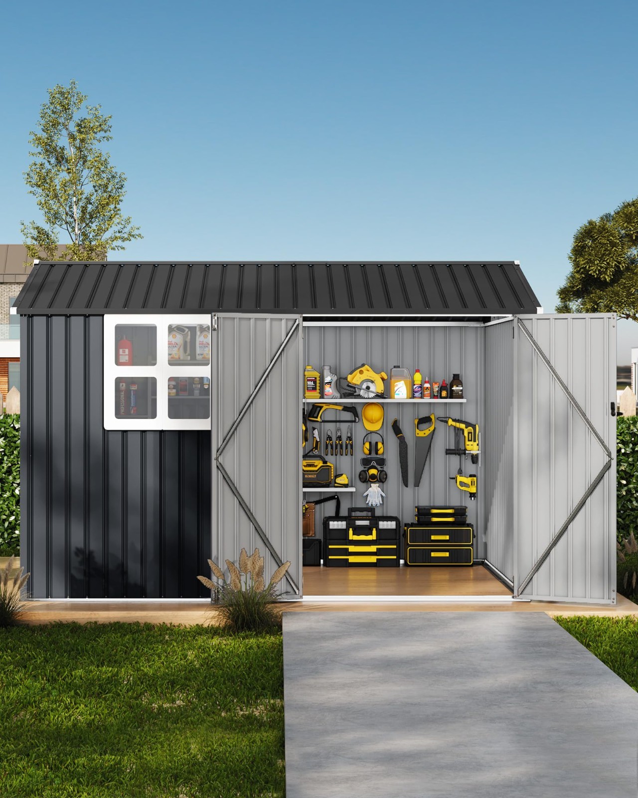 10x8FT Metal Outdoor Storage Shed Solar Light Window Lockable Doors Vents