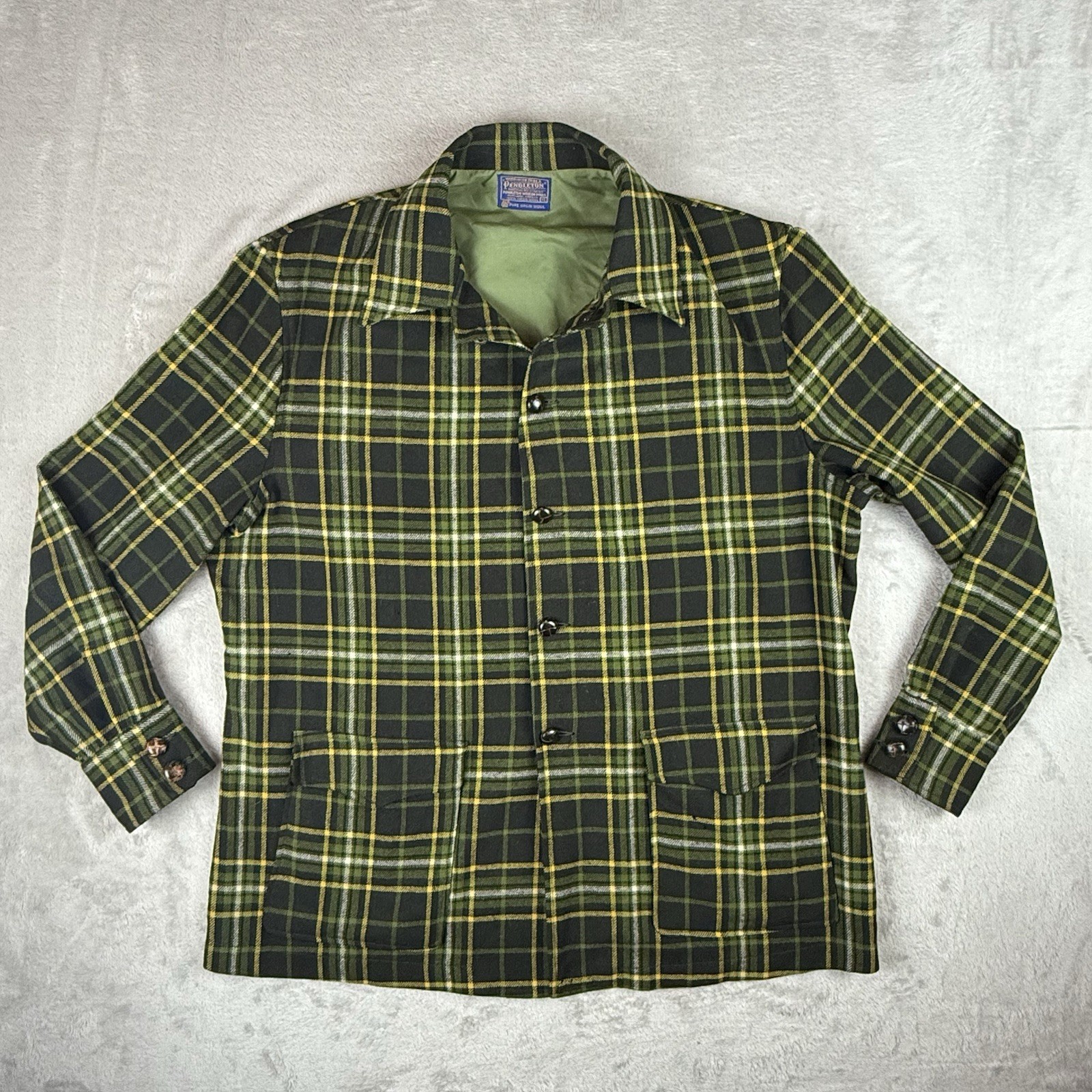 Vtg Pendleton Checkered Tartan Plaid Wool Flannel Shacket Jacket 60s Yellow HTF