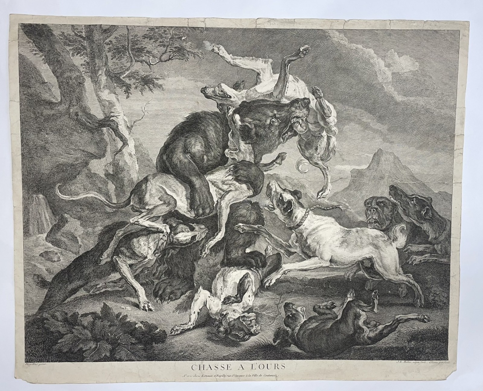 BEER HUNT 1770-90 REHN & CHENU from HONDIUS LARGE ANTIQUE ETCHING