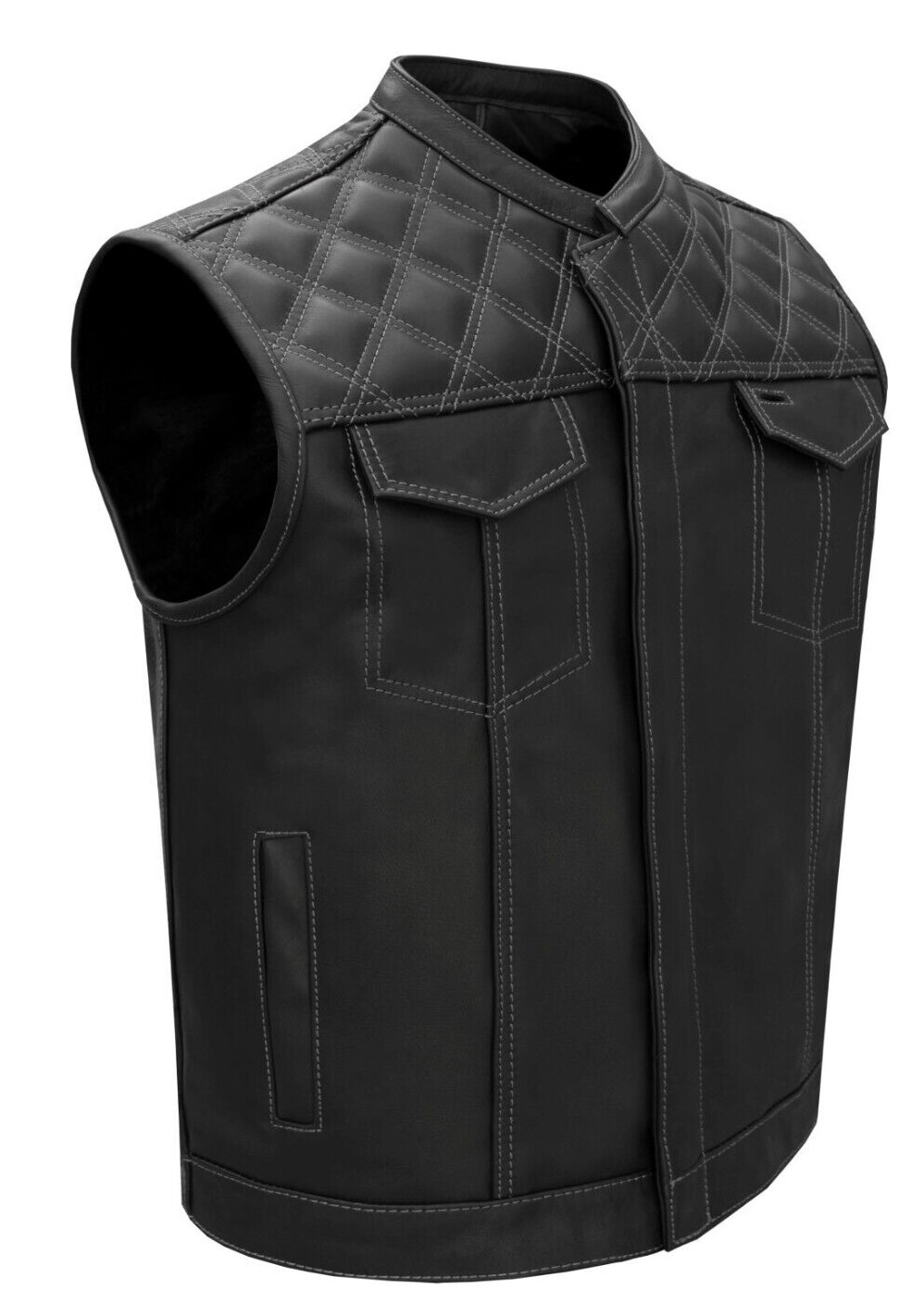 Biker Black Men's Motorcycle Leather White Thread Diamond Stitching CLUB VEST® Biker Black Men's Motorcycle Leather White Thread Diamond Stitching CLUB VEST®