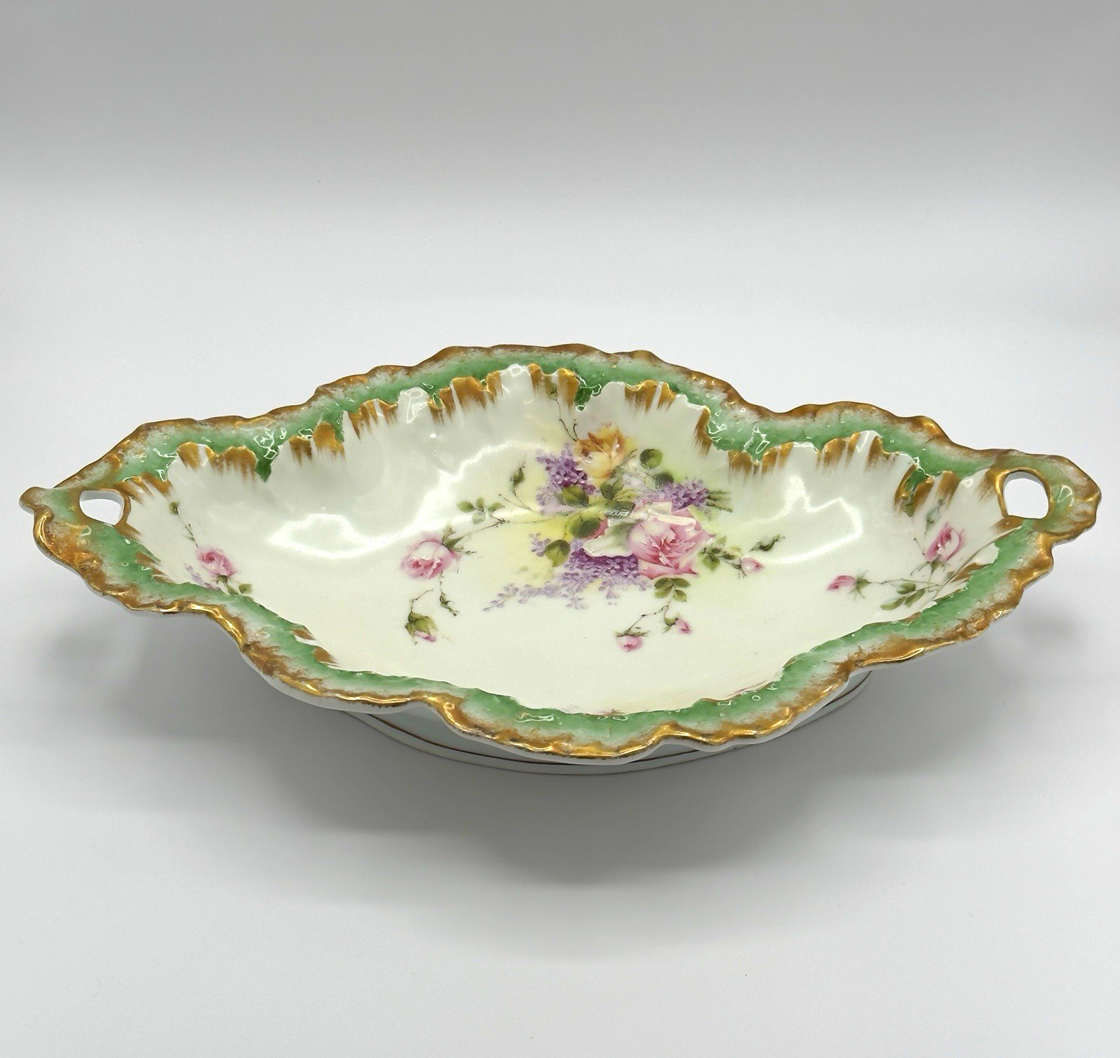 A. Lanterrier Limoges France Hand Painted Celery Dish Pink Roses Gold Trim c1900