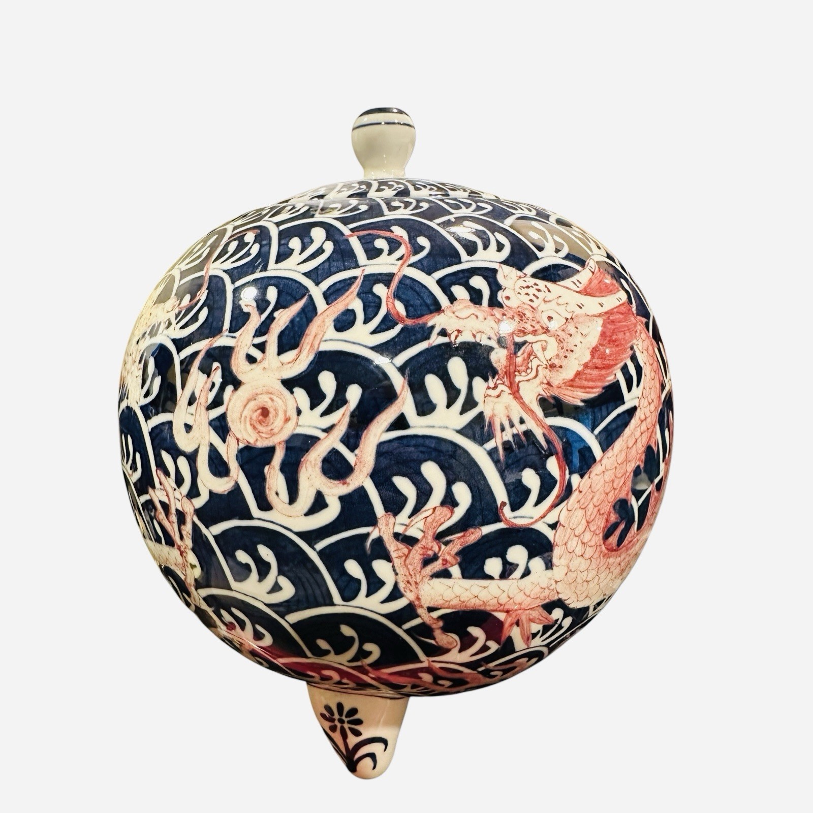 Antique Large 12” ROC Chinese Dragon Tri-Footed Lidded Ball Jar Heavy Antique Large 12” ROC Chinese Dragon Tri-Footed Lidded Ball Jar Heavy