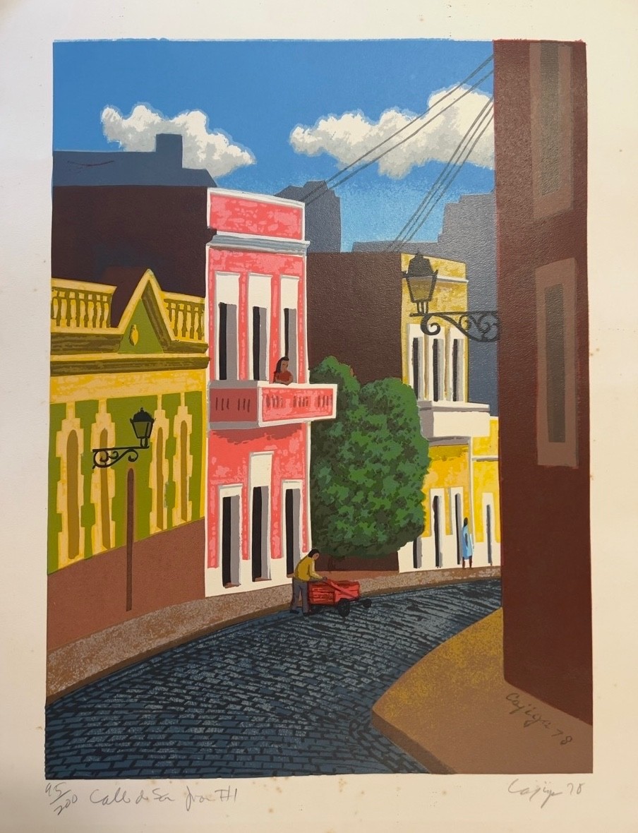 Luis Cajiga “Calle de San Juan I” 1978 Puerto Rican Print — Street Vendor Scene Luis Cajiga “Calle de San Juan I” 1978 Puerto Rican Print — Street Vendor Scene
