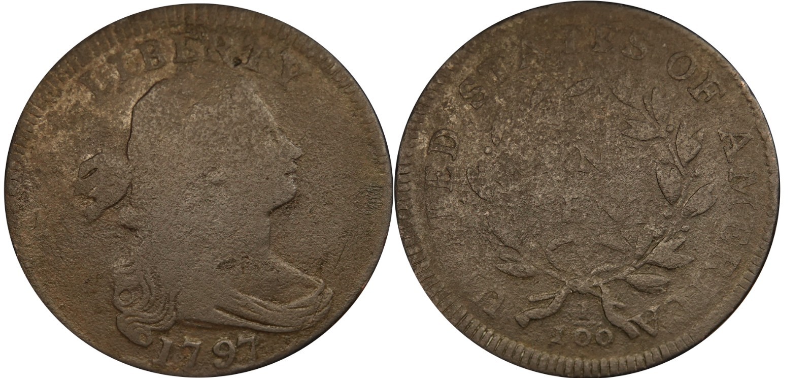 1797 S-137 Draped Bust Large Cent Coin - Rev of 97 / Slight Off-Center Strike