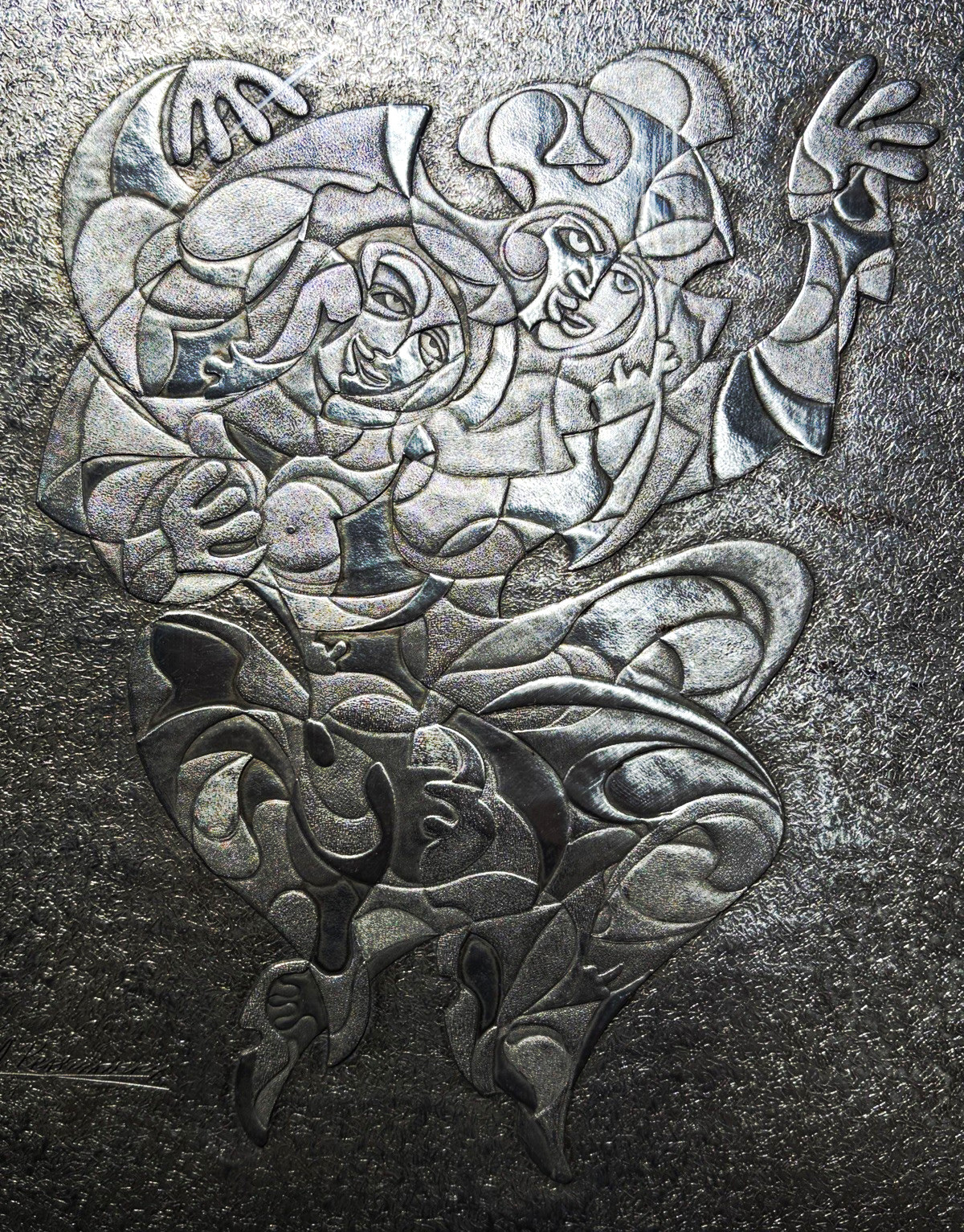 Anatole Krasnyansky Signed Hammered Relief Rapture on Pewter framed 23in by 23in Anatole Krasnyansky Signed Hammered Relief Rapture on Pewter framed 23in by 23in