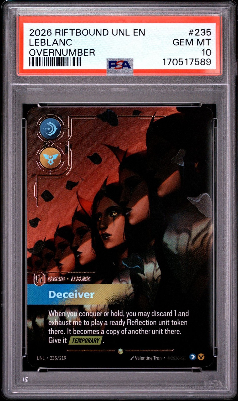 2026 RIFTBOUND LOL UNLEASHED OVERNUMBER #235 LEBLANC DECEIVER PSA 10 2026 RIFTBOUND LOL UNLEASHED OVERNUMBER #235 LEBLANC DECEIVER PSA 10