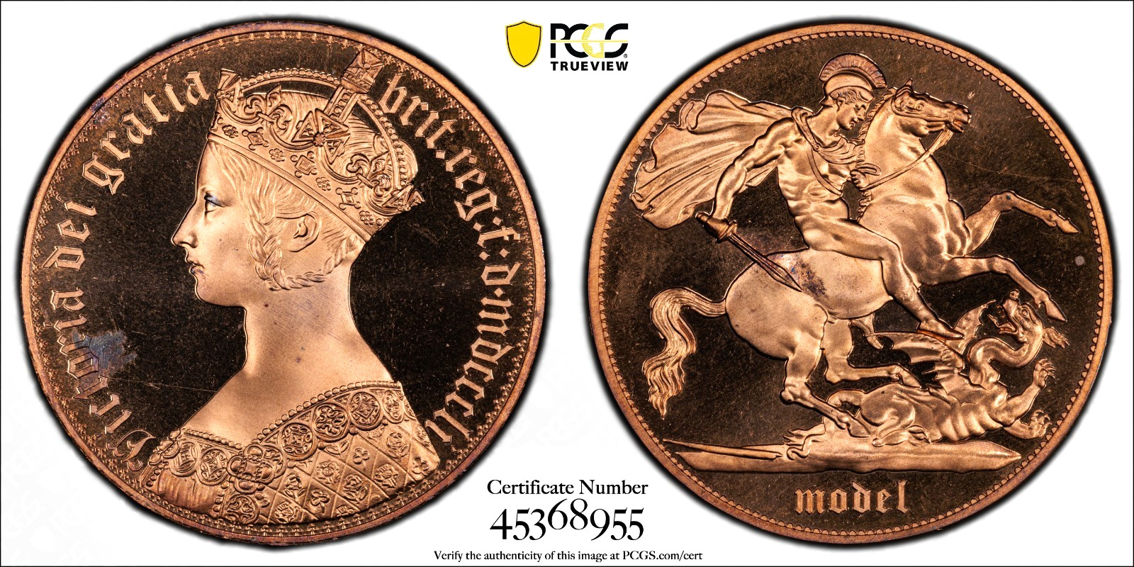 1851 Dated Great Britain Gothic St. George Copper Crown 40 Gram PCGS Pf 66 Cameo 1851 Dated Great Britain Gothic St. George Copper Crown 40 Gram PCGS Pf 66 Cameo