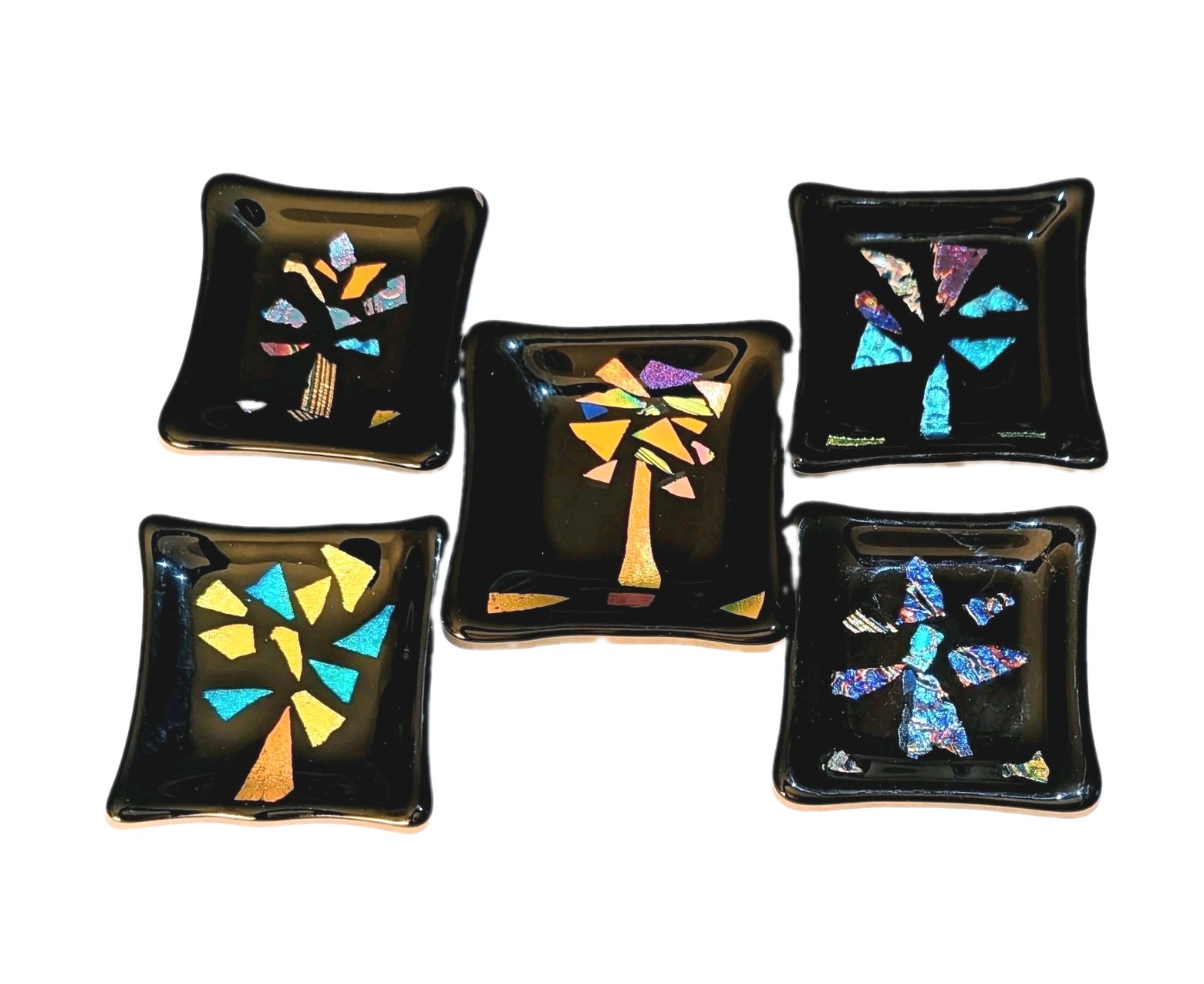 5 Dichroic Art Glass Trinket Dishes Black Iridescent Mosaic Trees Fused 3\