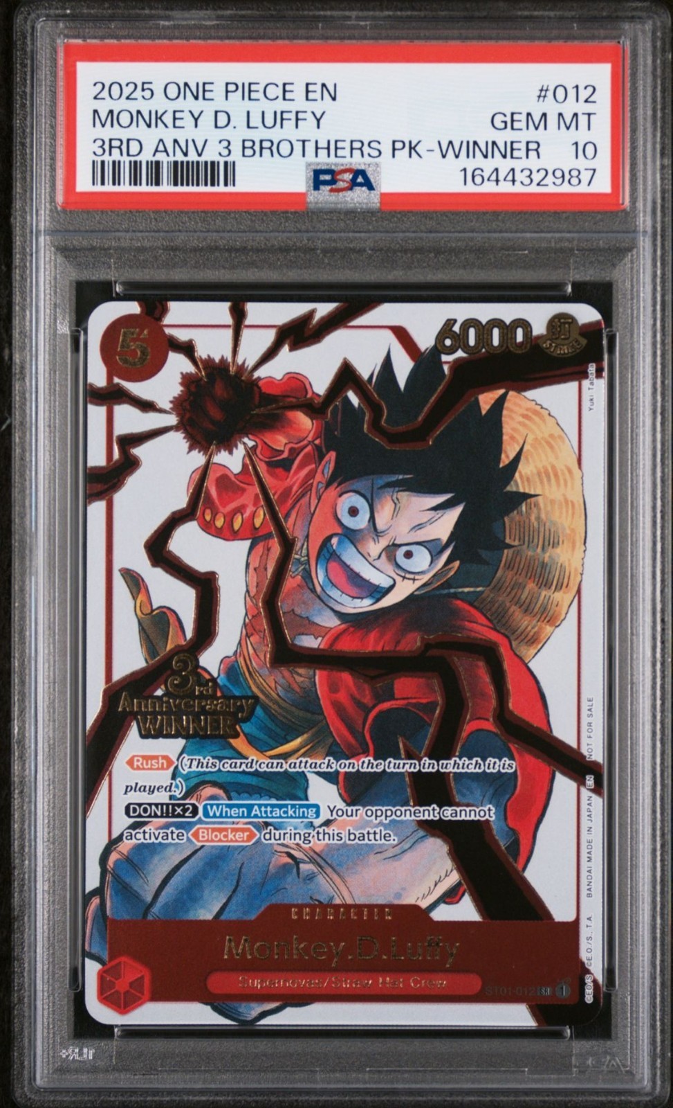 2025 ONE PIECE MONKEY D. LUFFY 3RD ANNIVERSARY 3 BROTHERS PACK WINNER 012 PSA 10 2025 ONE PIECE MONKEY D. LUFFY 3RD ANNIVERSARY 3 BROTHERS PACK WINNER 012 PSA 10