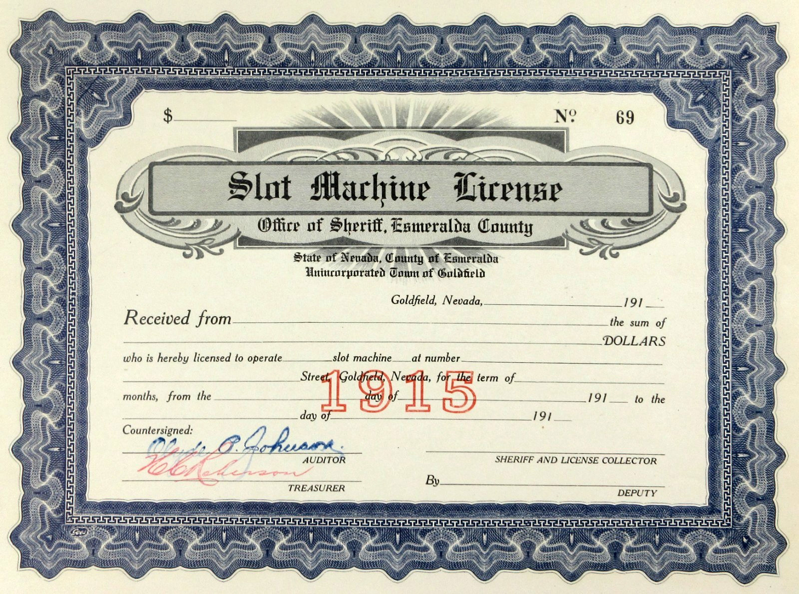 Goldfield Nevada Slot Machine License Certificate Unissued Casino Gaming 1915