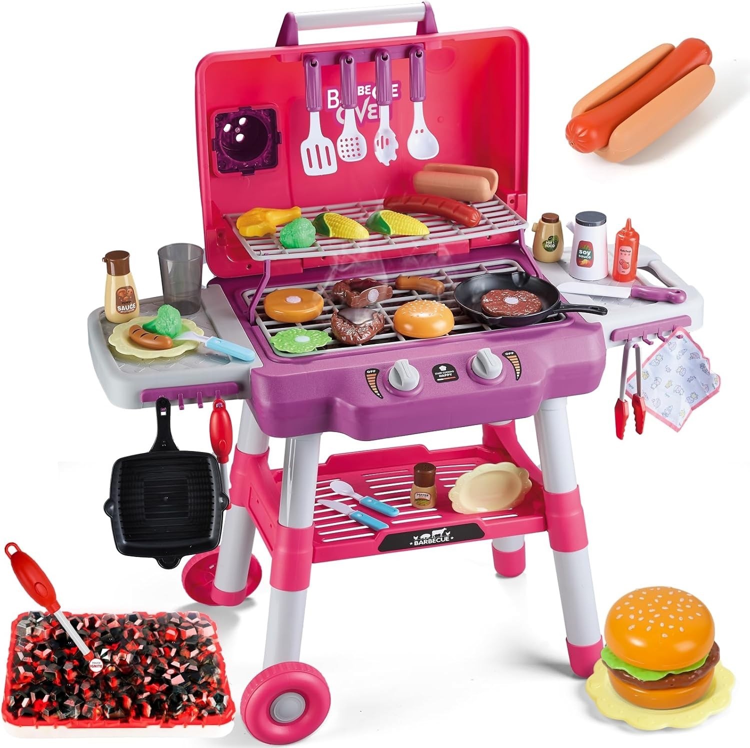 Kids Kitchen Toy Set, Kids BBQ Grill Playset with Smoke Sound Light, 2-Layer Bar Kids Kitchen Toy Set, Kids BBQ Grill Playset with Smoke Sound Light, 2-Layer Bar