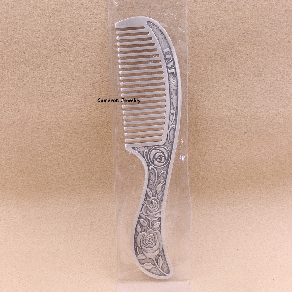 Pure 999 Fine Silver Floral Rose Comb Beauty Scalp Massage Tool 59-60g 6.1inch