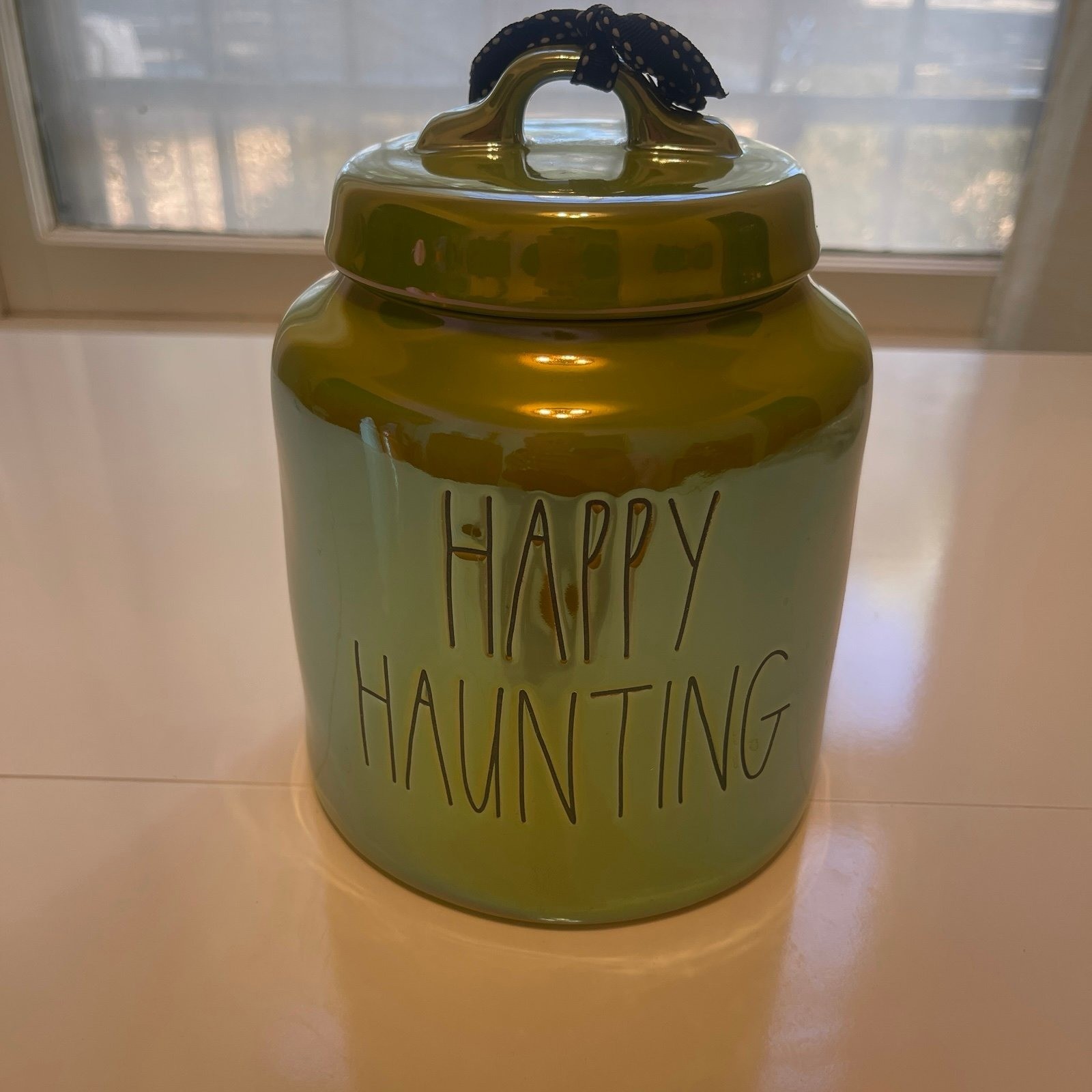 Rae Dunn Iridescent Happy Haunting Halloween Ceramic Jar with Lid Canister Rae Dunn Iridescent Happy Haunting Halloween Ceramic Jar with Lid Canister