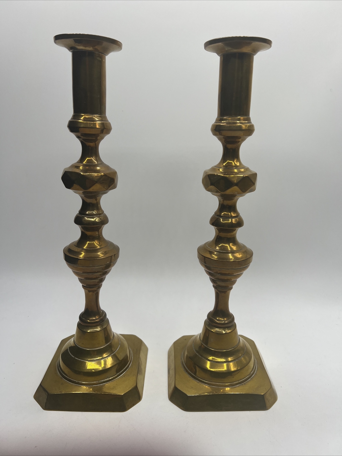 Early 19th Century Antique English Late Georgian Brass Candlesticks Push Up 12” Early 19th Century Antique English Late Georgian Brass Candlesticks Push Up 12”