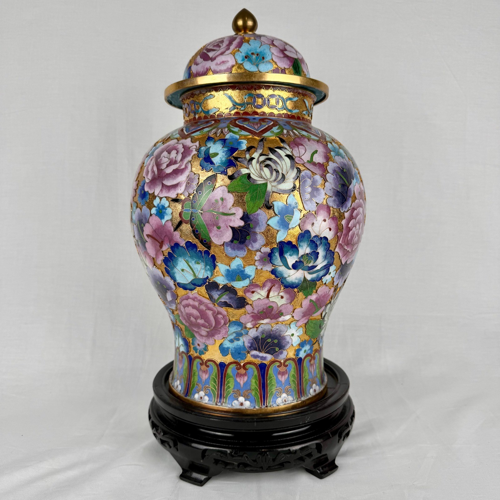 Vintage Chinese Cloisonne Ginger Jar Thousand Flowers Millefleurs Gold Vase 17\