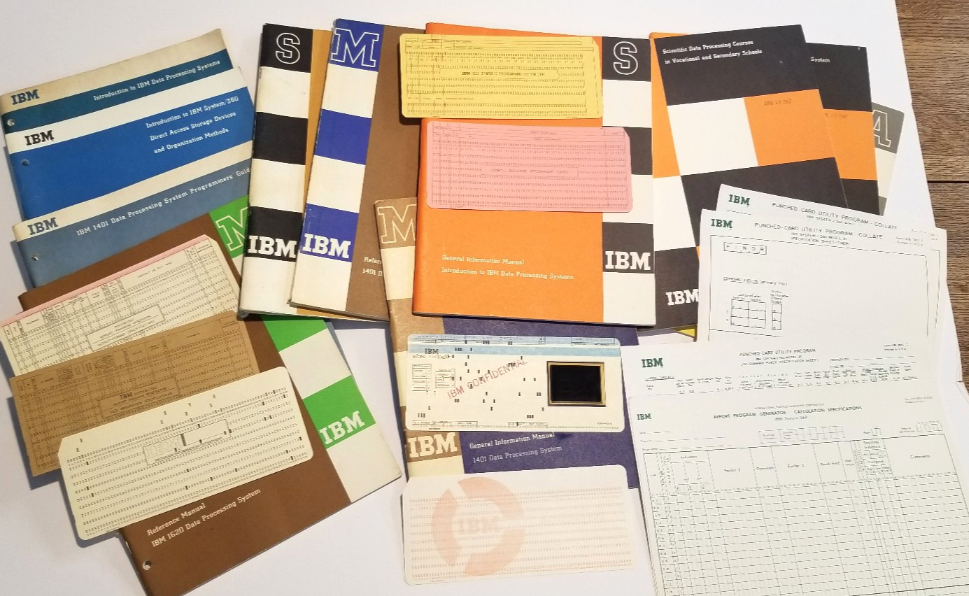 HUGE LOT Vintage IBM Computer Manuals 1960s, Sys/360, 1401, 1620 photos, cards