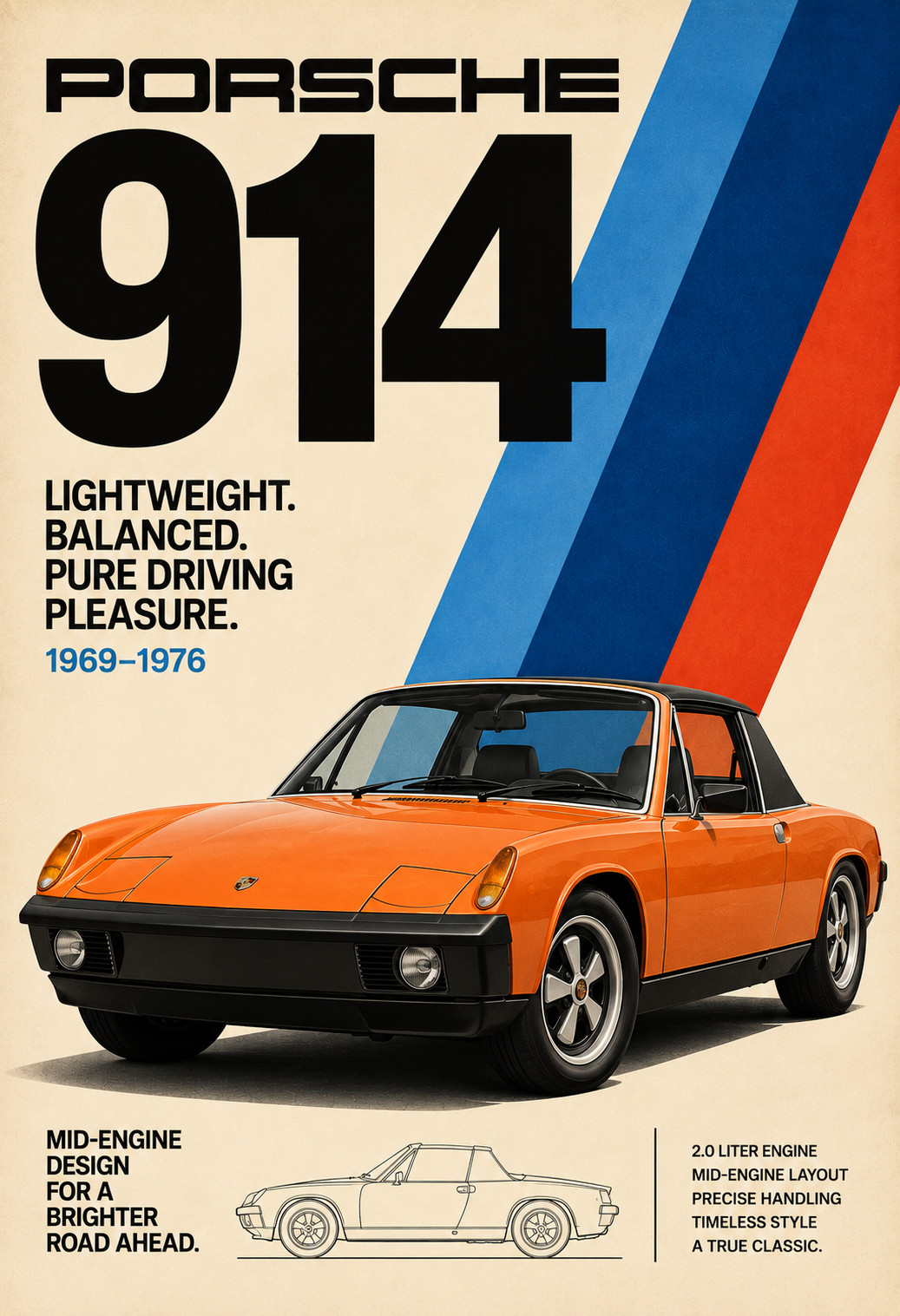 Porsche 914 Vintage Retro Car Classic 1970s Sports Car Automotive Poster 13x19