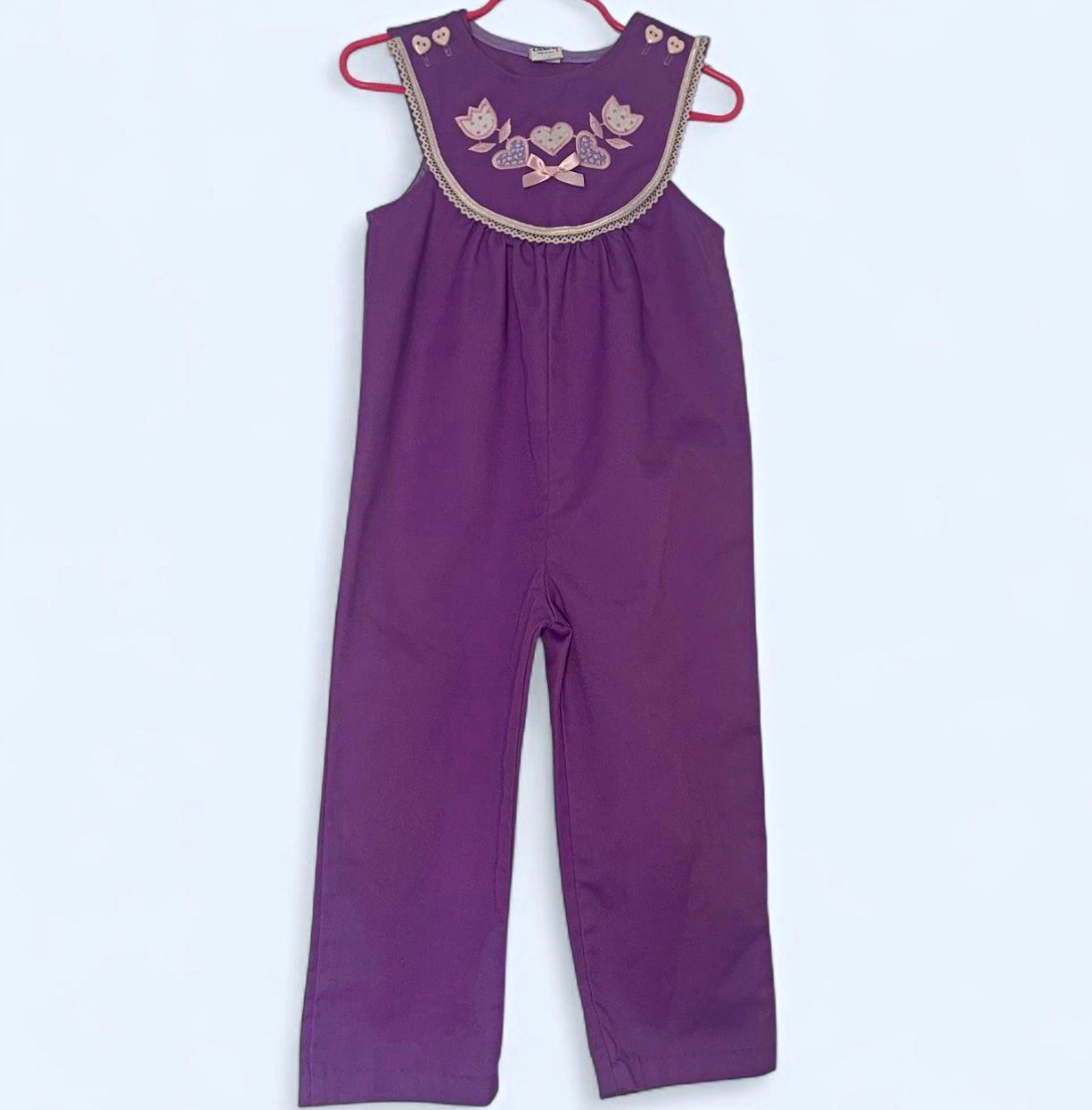 Vintage Carter's Toddler Girl Jumpsuit Purple Floral Heart Embroidery Size 4T