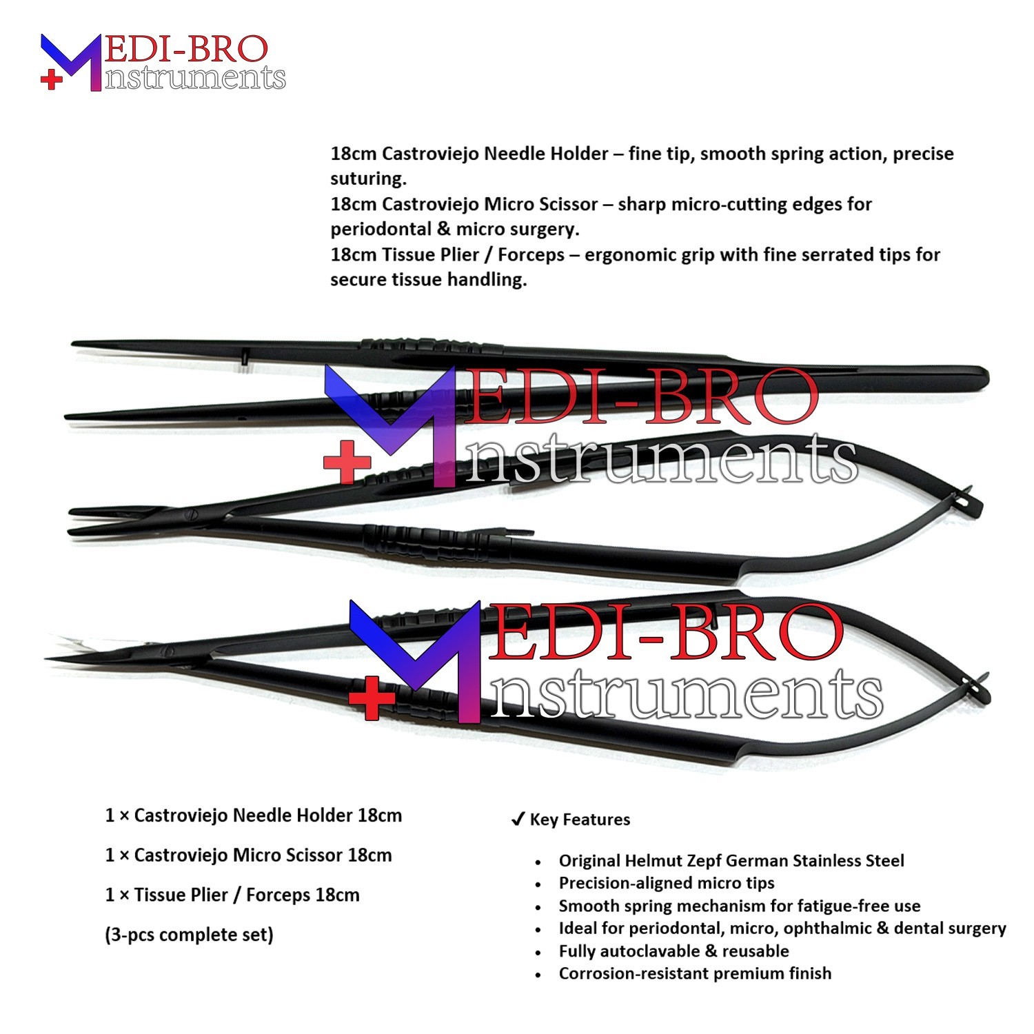 Helmut Zepf Castroviejo Micro Surgical Set 18cm– Needle Holder, Scissors & Plier