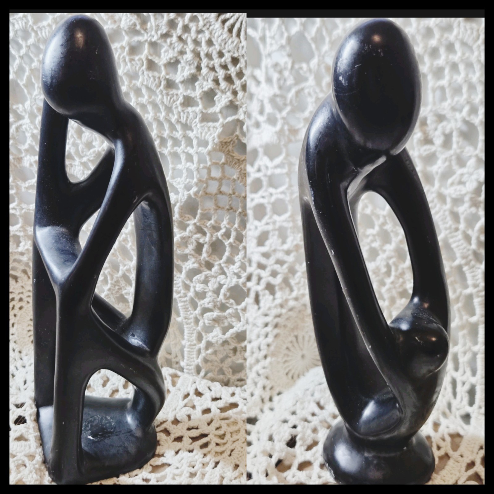 Hand Carved Black Soapstone Statues Abstract Kenyan Art Family and Thinking
