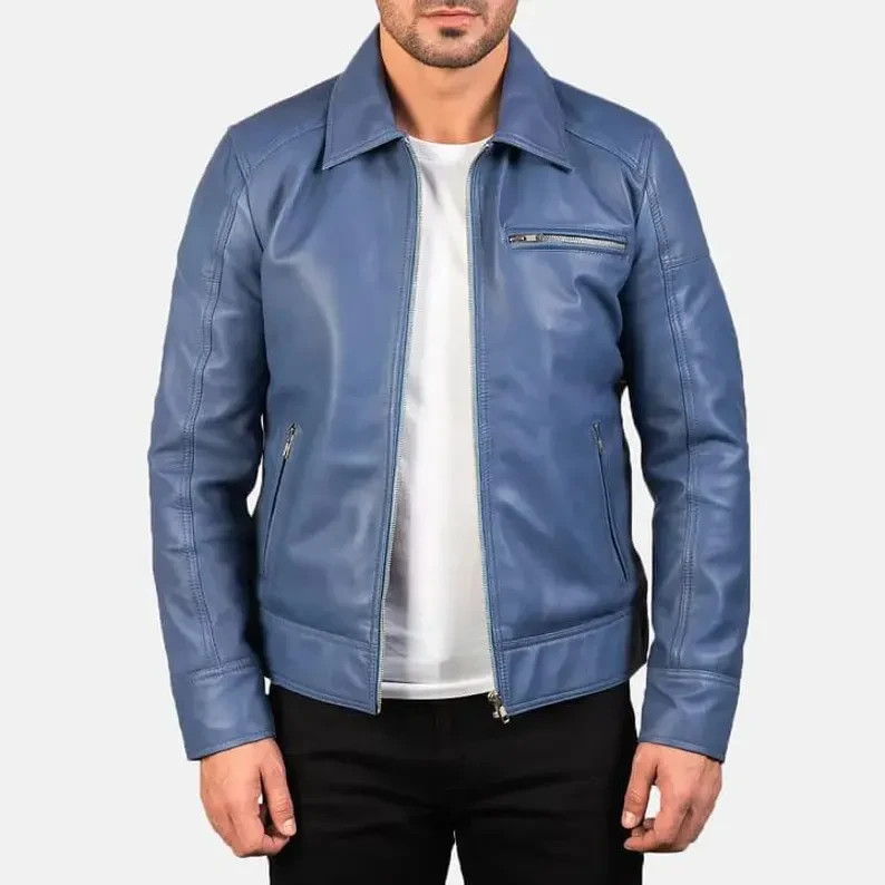 Men’s Sky Blue Leather Jacket – Classic Zip-Up Casual Biker Jacket