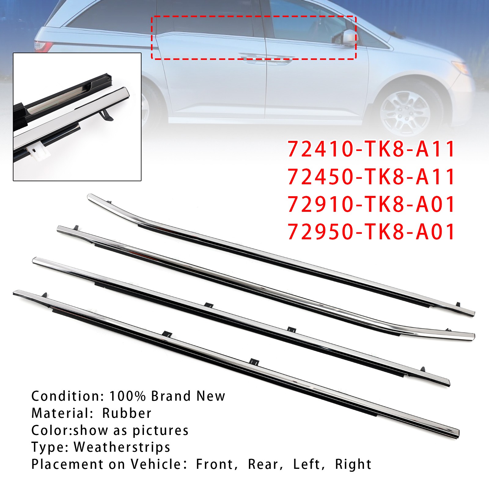 4PCS Weatherstrips Seal 72410-TK8-A11 Door Belt Molding For Odyssey 2011~2017