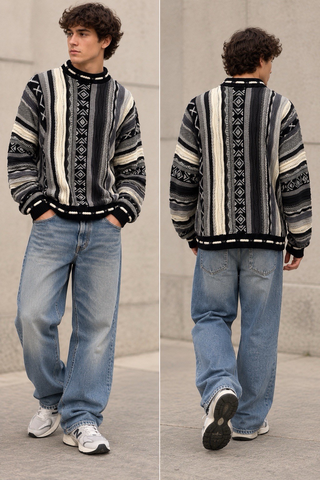 Vtg Protege Sweater Mens L Biggie Cosby 3D Textured Aztec Grunge Retro 90s