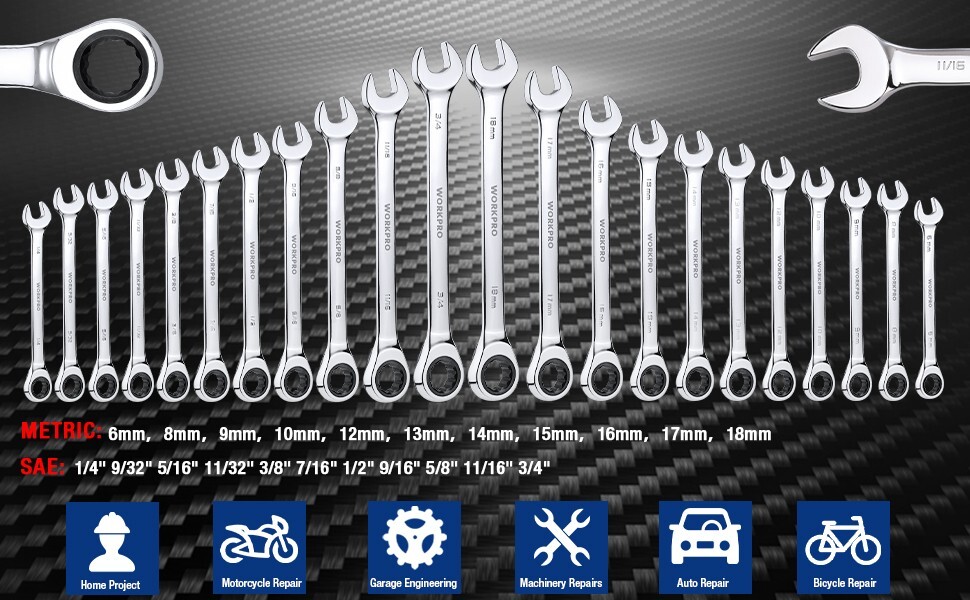 WORKPRO 22-Piece Ratcheting Combination Wrench Set Metric 6-18mm & SAE 1/4-3/4