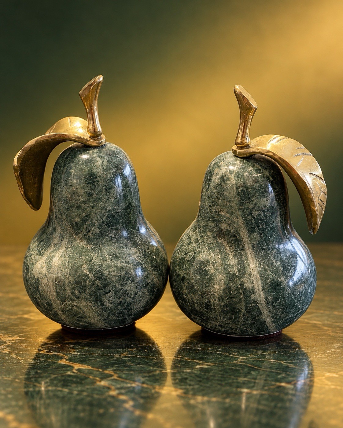 Vintage Decorative Crafts Inc #2591 Green Marble Pears Brass Stem Leaf Pair
