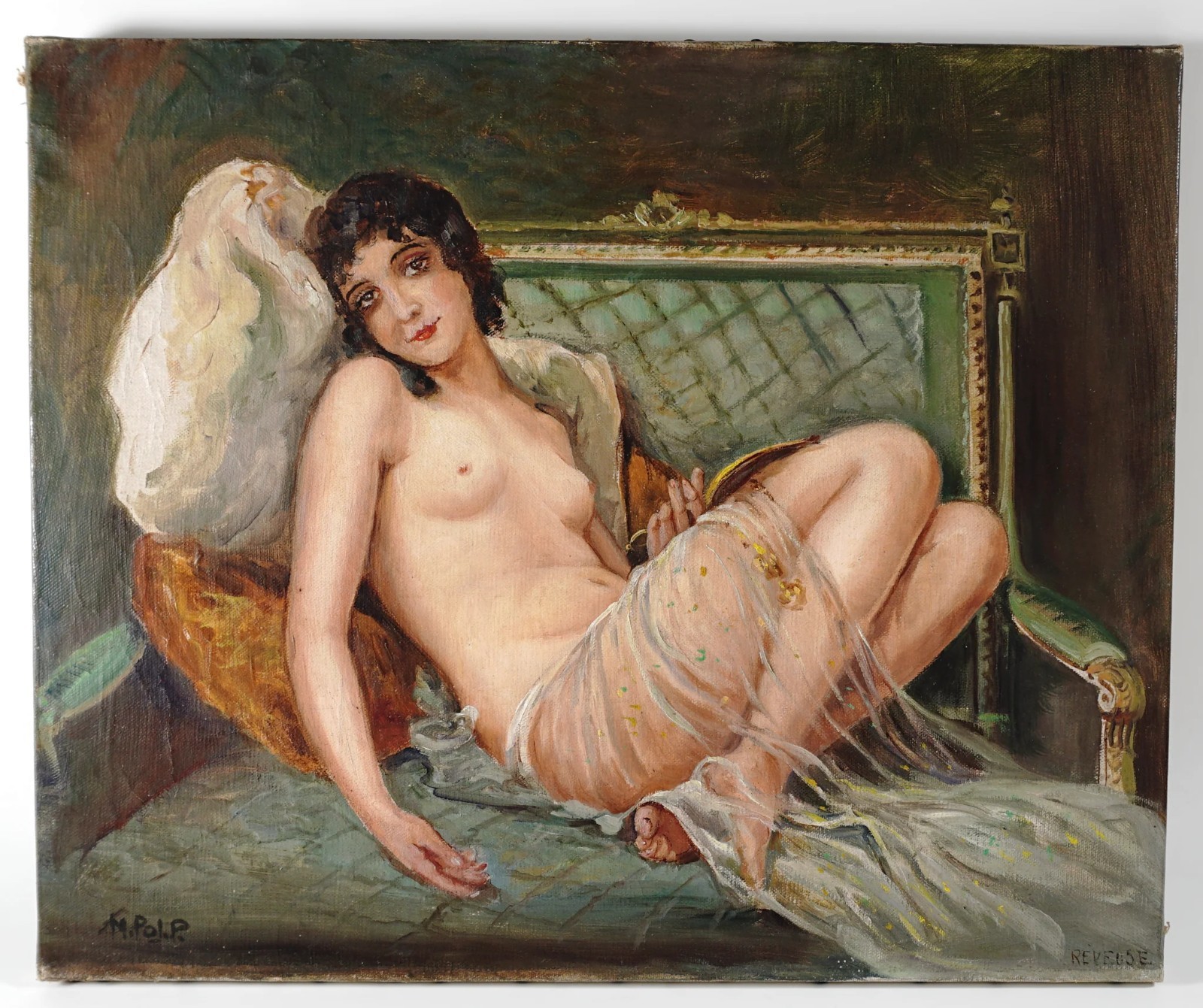 Portrait of Reclining Female Woman French School Oil Painting Art Deco