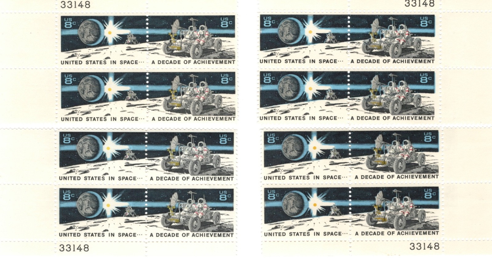 1971 LUNAR ROVER 8 C USA STAMPS, 4 MATCHING BLOCKS OF 4, A DECADE OF ACHIEVMENT 1971 LUNAR ROVER 8 C USA STAMPS, 4 MATCHING BLOCKS OF 4, A DECADE OF ACHIEVMENT