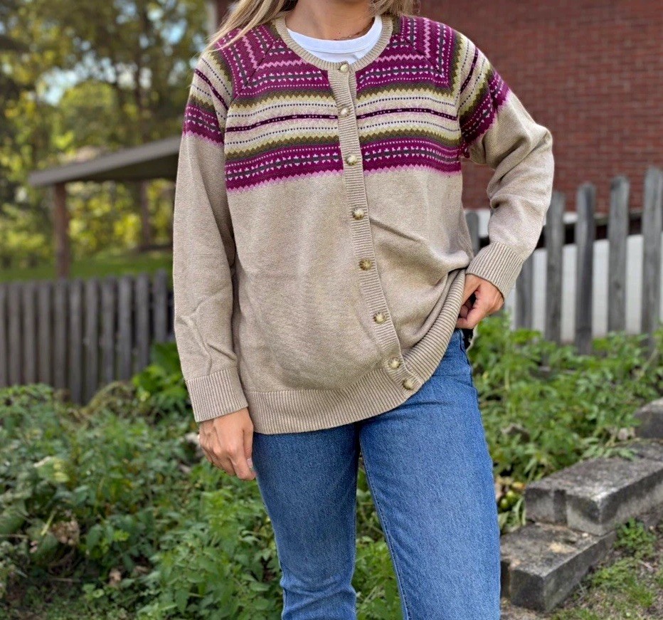 Coldwater Creek 2X Beige Fair Isle Button Front Cotton Knit Cardigan Sweater Coldwater Creek 2X Beige Fair Isle Button Front Cotton Knit Cardigan Sweater