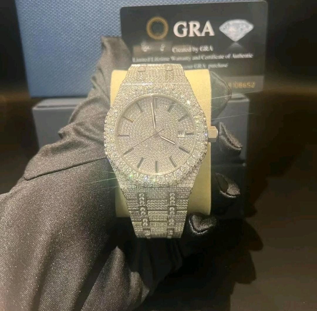 Mens Full Iced Out Style Watch Silver Automatic Crystal 