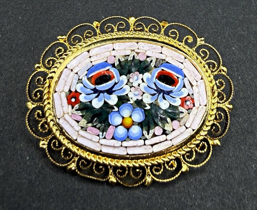 Vintage Italian Micro Mosaic Brooch Pin Oval Floral Gold Tone Filigree Italy Vintage Italian Micro Mosaic Brooch Pin Oval Floral Gold Tone Filigree Italy
