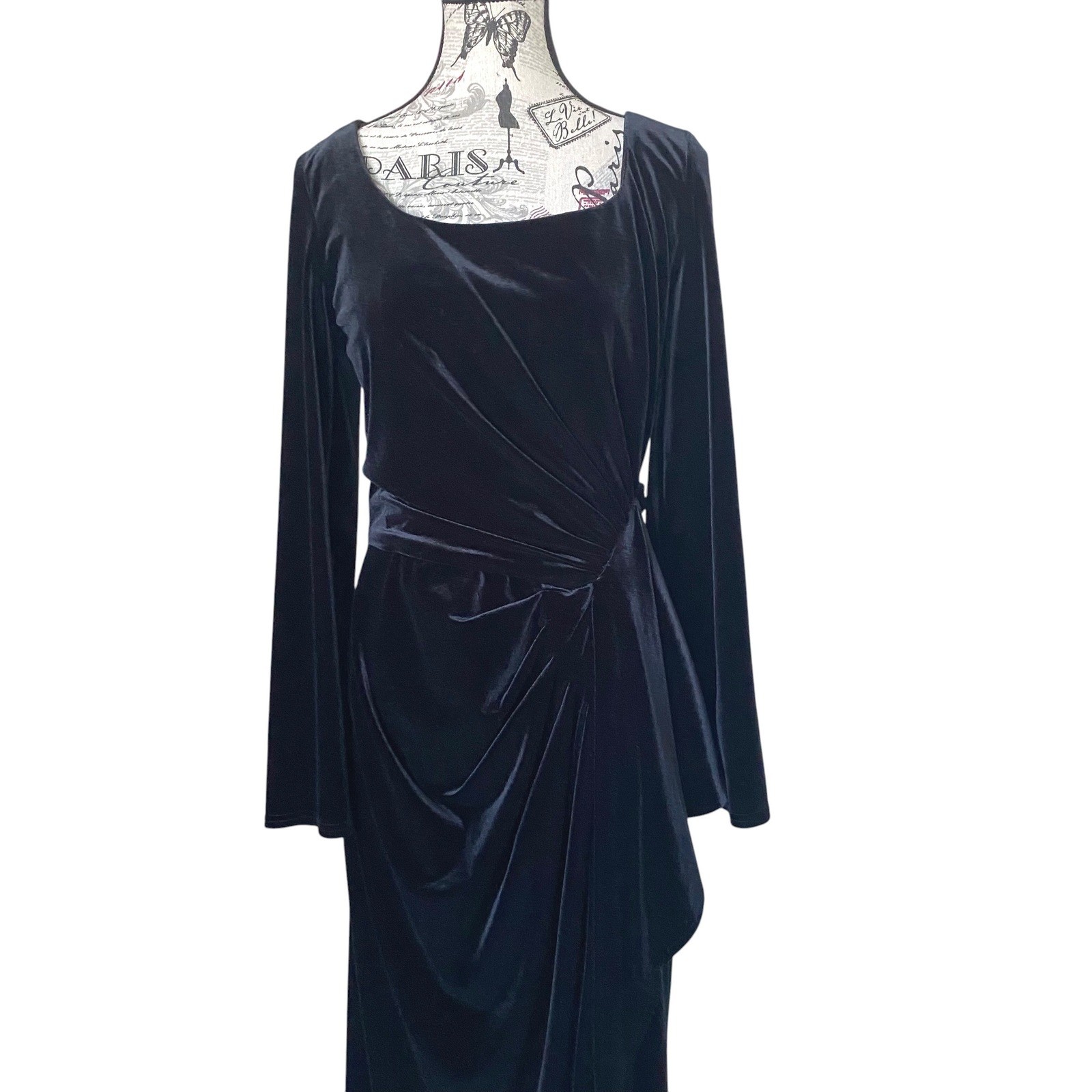 VTG Jeffrey & Dara Evenings Women 16 Black Velvet Draped Wrap Maxi Gown Dress