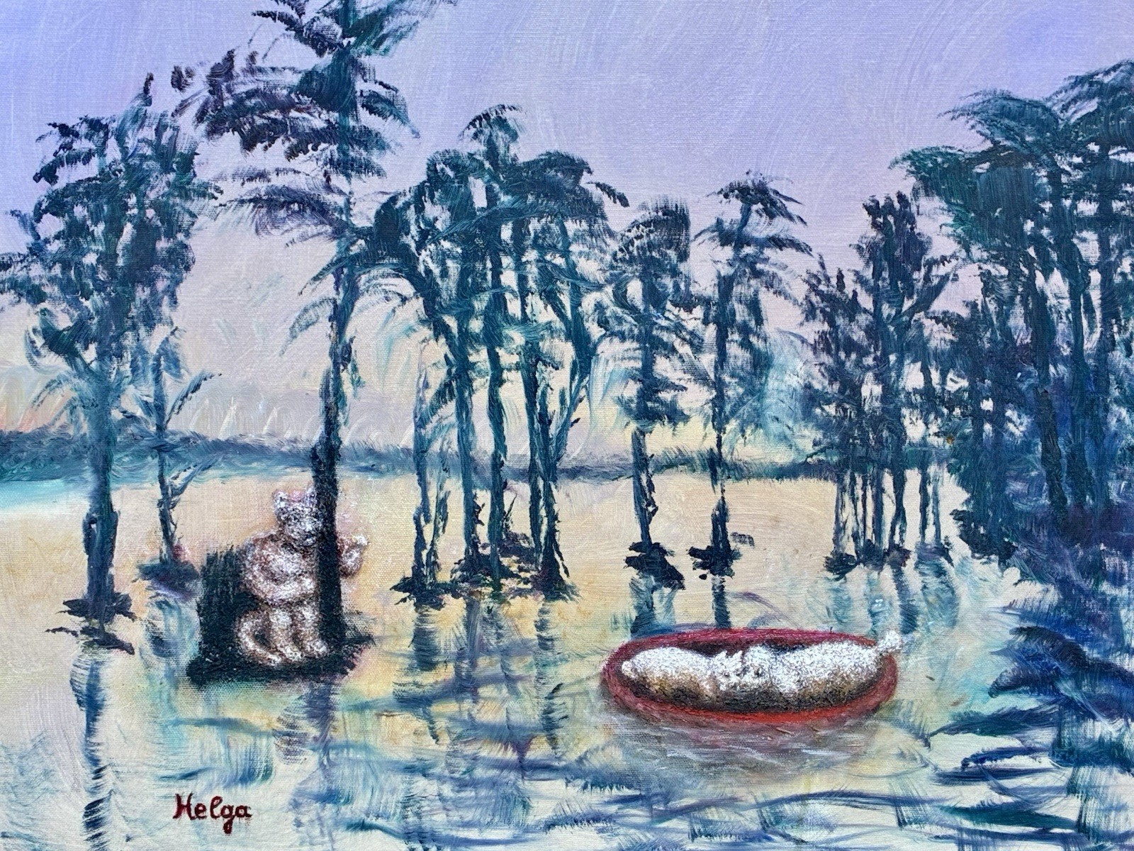 Helga Schweininger Signed Oil Painting Afraid of Drowning Folk Art 20x24