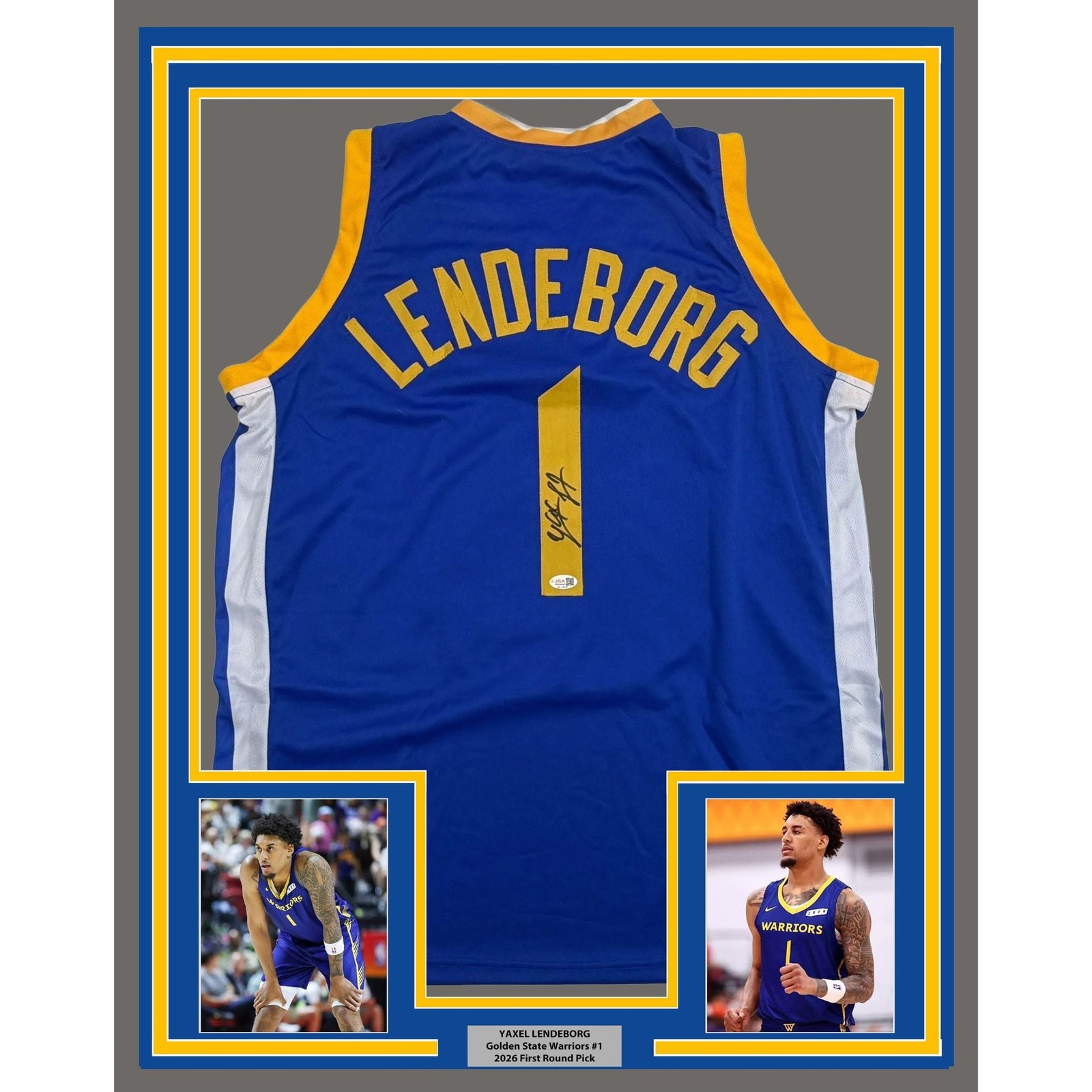 Framed Autographed/Signed Yaxel Lendeborg 35x39 GSW Blue Jersey JSA COA Framed Autographed/Signed Yaxel Lendeborg 35x39 GSW Blue Jersey JSA COA