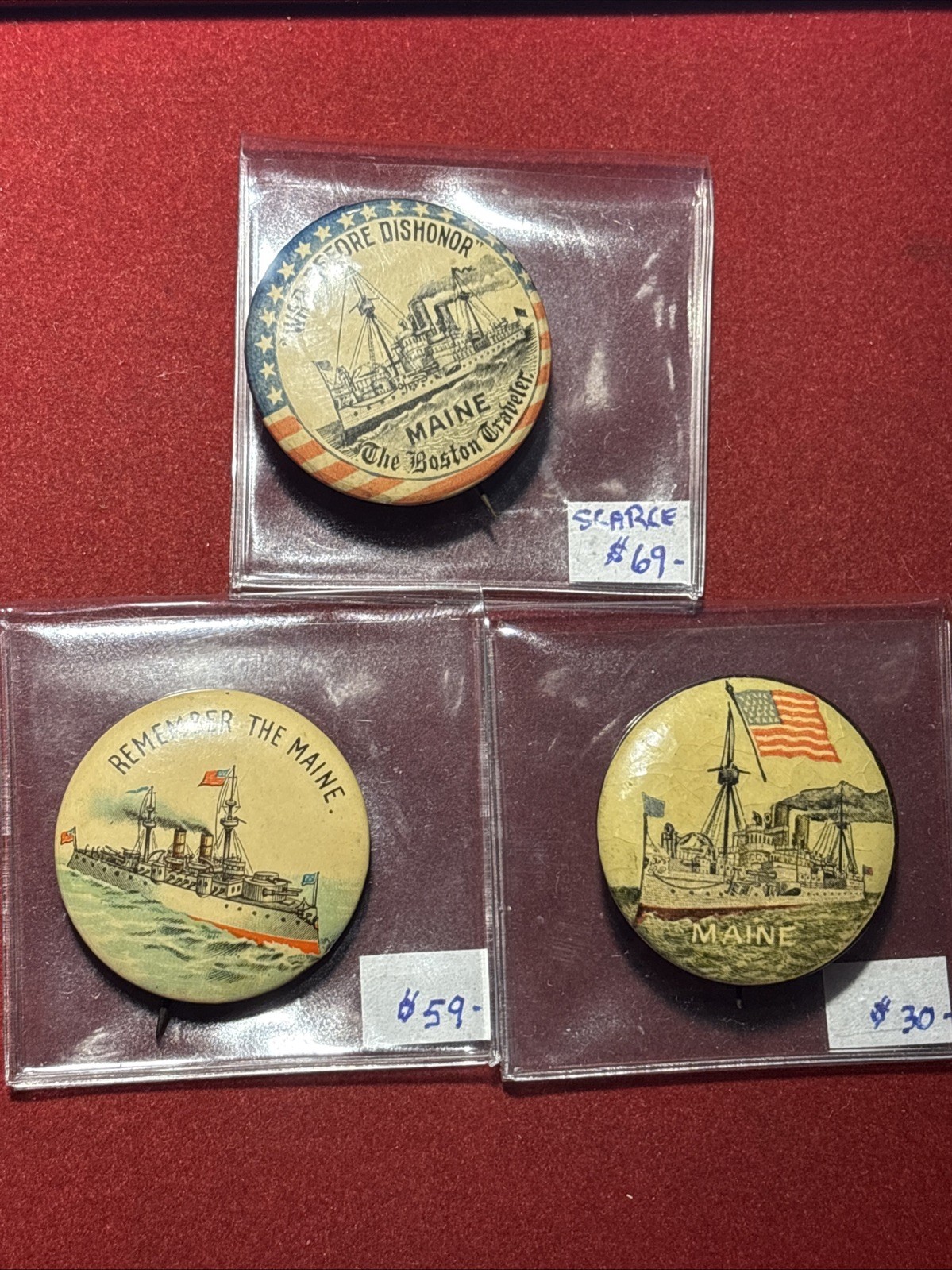 Antique 1890\'s Pinback Button Lot Of (3) Remember The U.S.S. Maine Battleship Antique 1890\'s Pinback Button Lot Of (3) Remember The U.S.S. Maine Battleship