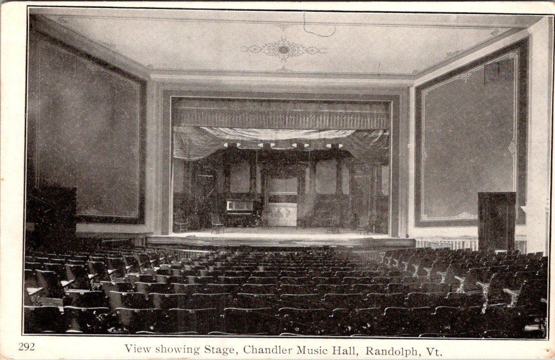 1910-20\'s CHANDLER MUSIC HALL VIEW SHOWING STAGE RANDOLPH VERMONT POSTCARD