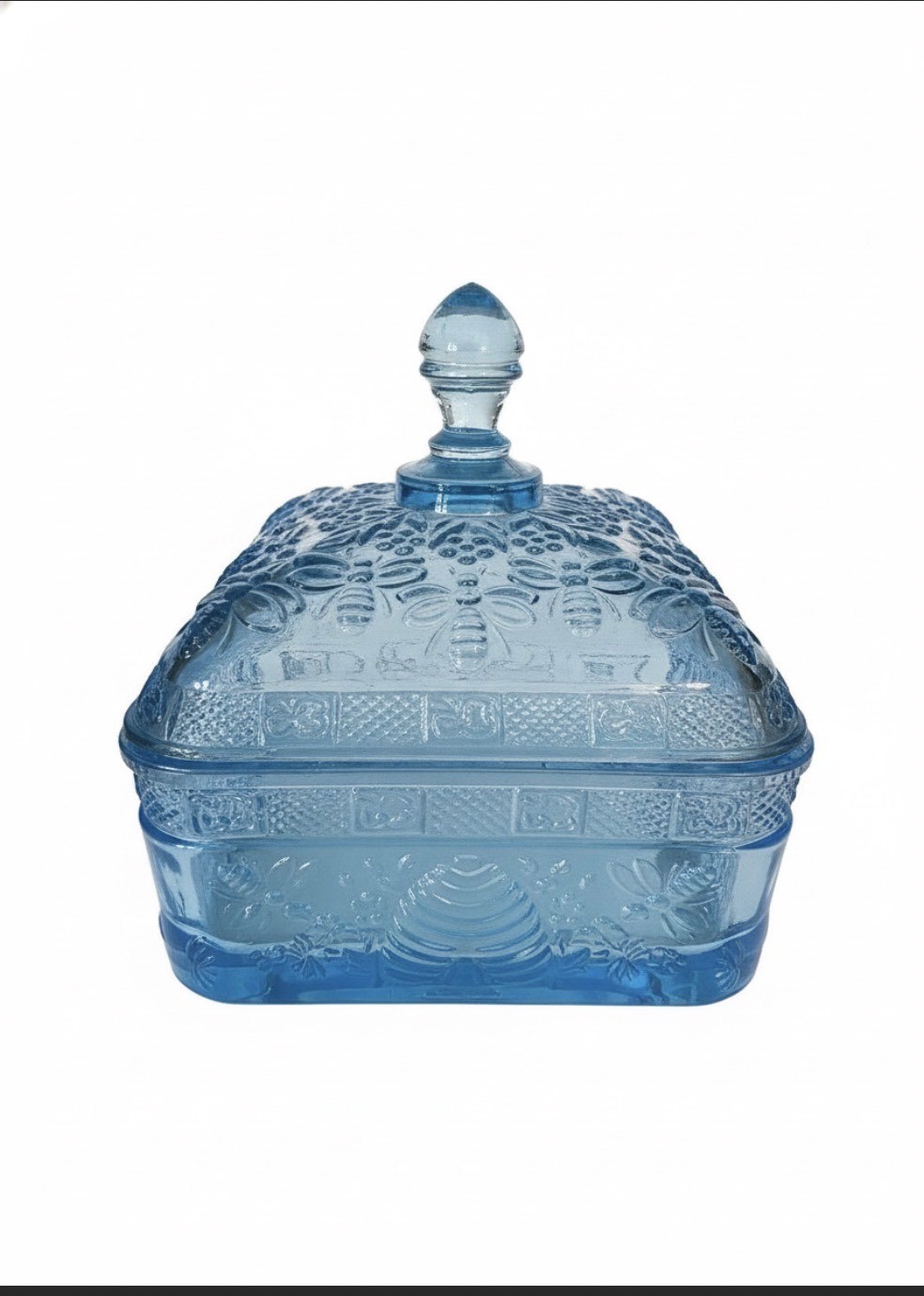 Vintage Indiana Glass Bee Box Light Blue *Glows*