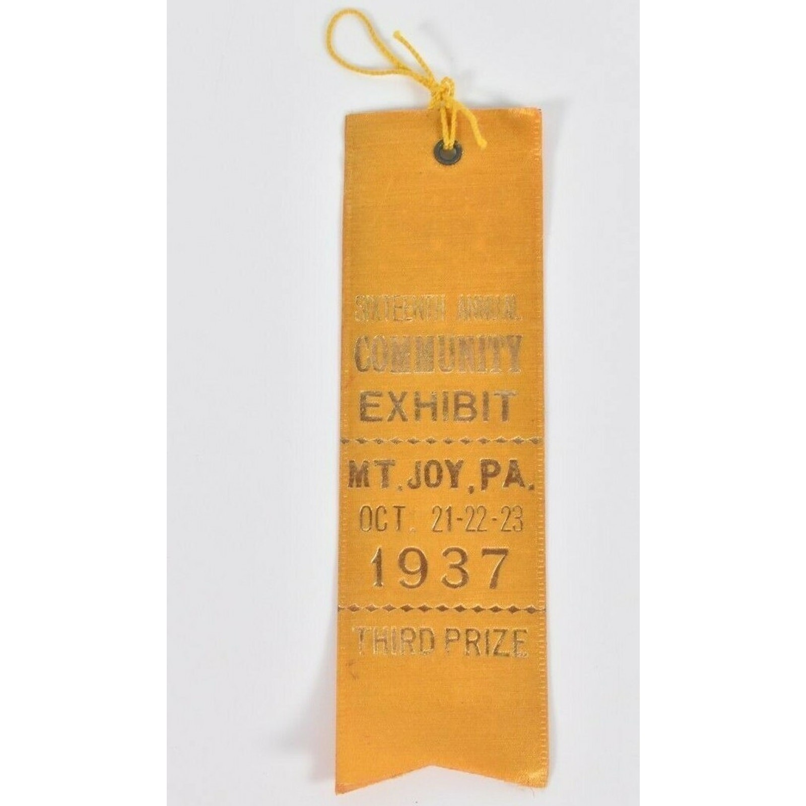 Vintage 1937 Mt. Joy PA 16th Annual Community Exhibit 3rd Prize Ribbon