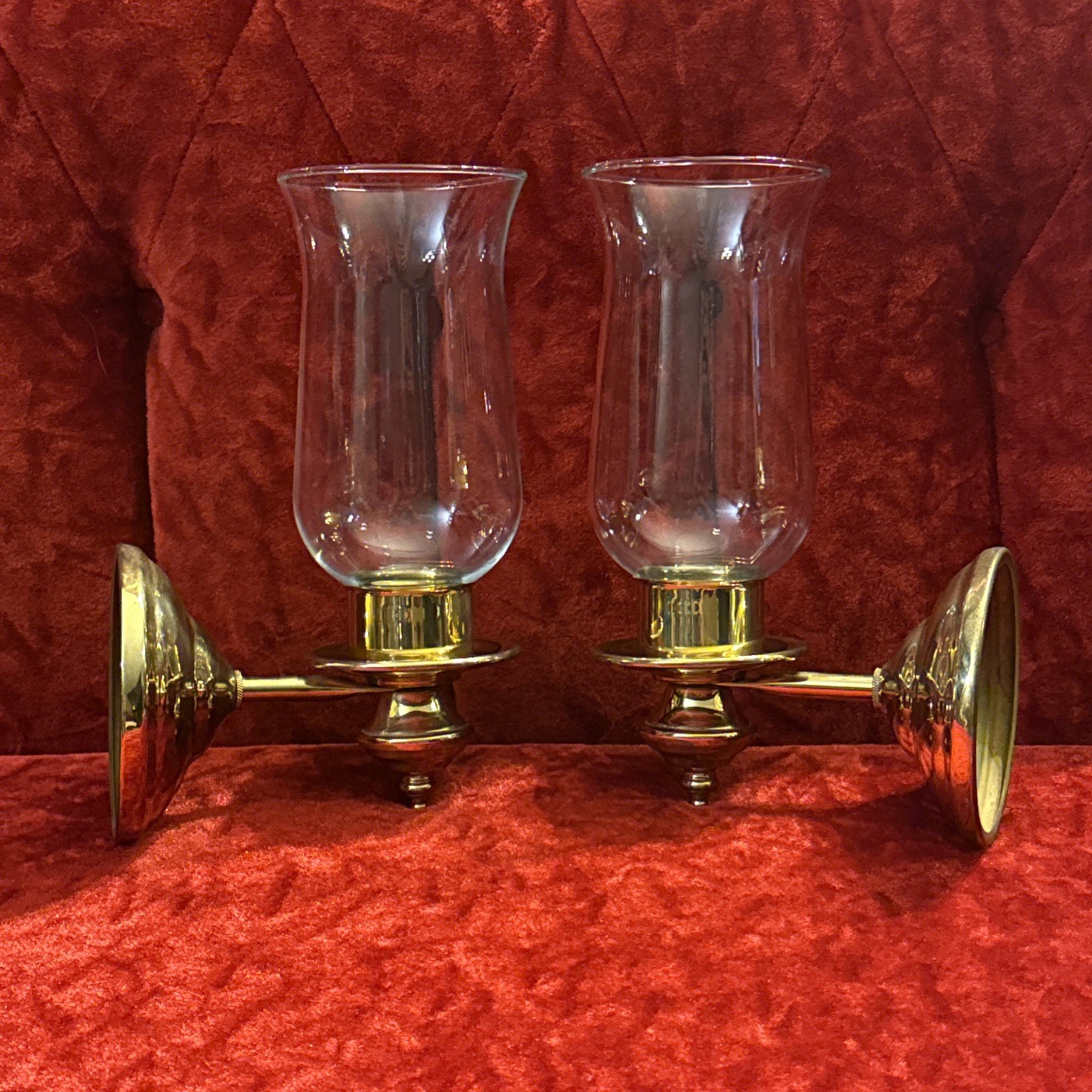 Vintage Pair Brass Gold Tone Wall Sconces W/ Hurricane Glass Chimney Shades 9” Vintage Pair Brass Gold Tone Wall Sconces W/ Hurricane Glass Chimney Shades 9”