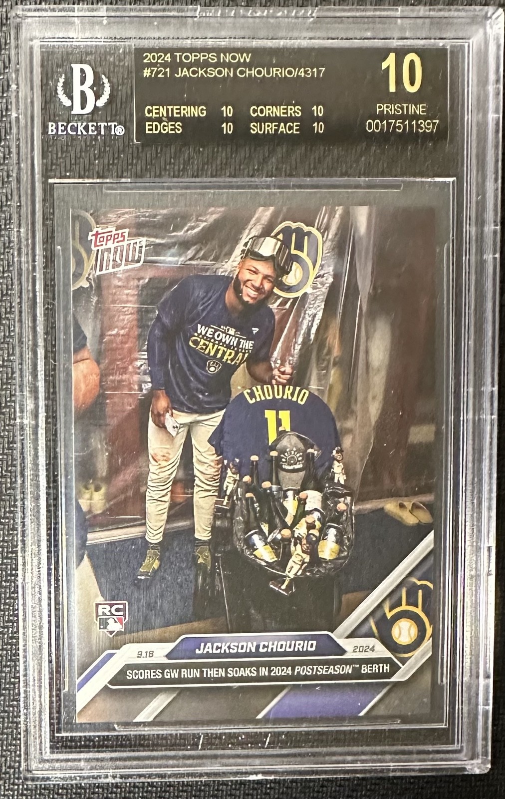 BGS 10 Jackson Chourio BLACK LABEL Rookie 2024 Topps Now - #721 /4317 (RC) BGS 10 Jackson Chourio BLACK LABEL Rookie 2024 Topps Now - #721 /4317 (RC)