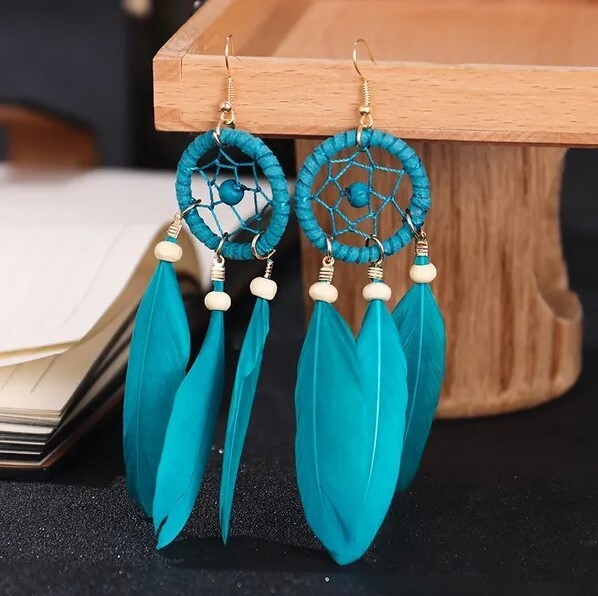 Blue Bohemian Earrings Dream Catcher Feather Earrings - Boho Long Tassel Stylish