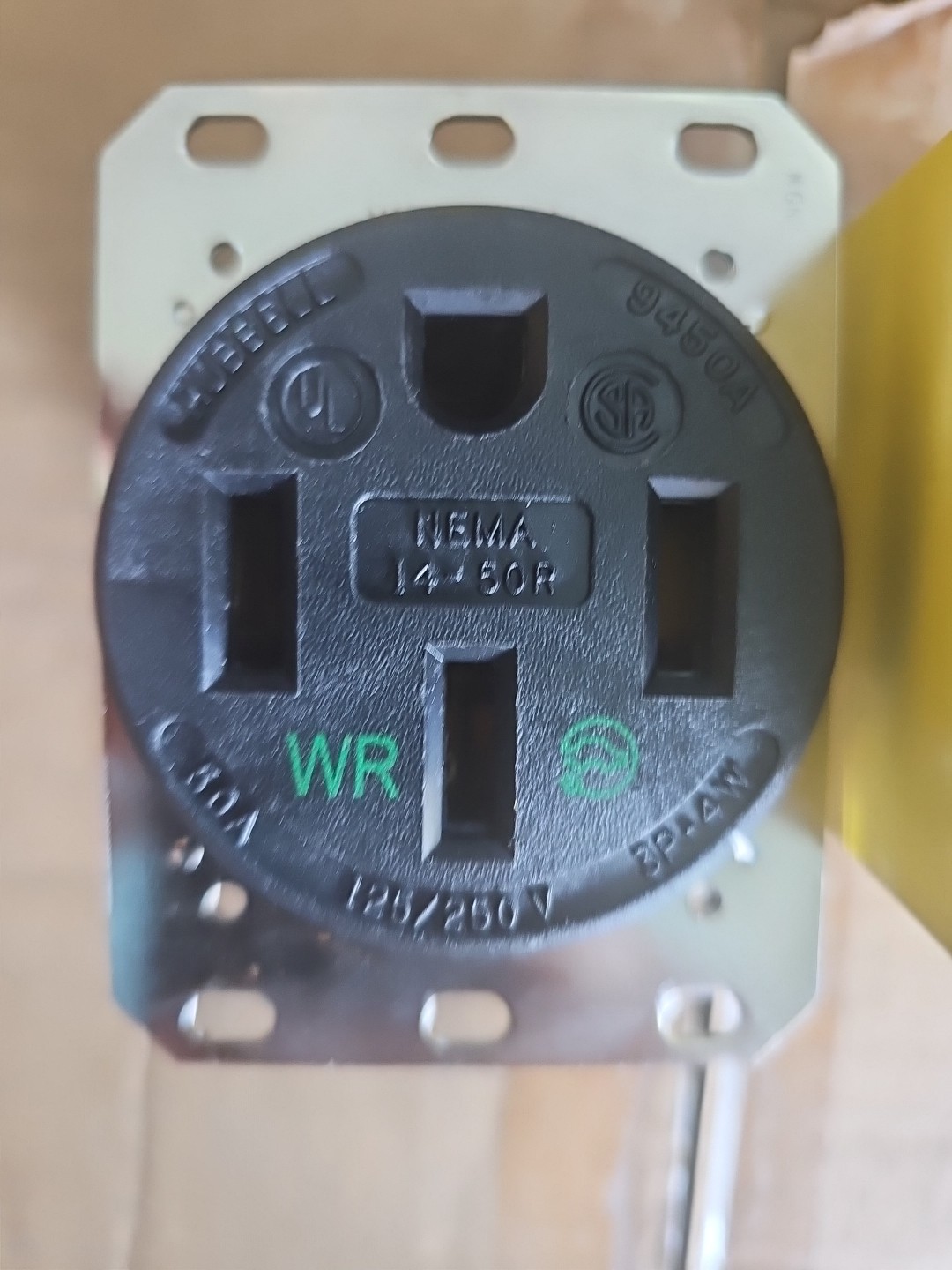 Hubbell HBL9450A Receptacle, 50A 125/250v, 14-50R - MARKED FOR EV CHARGING 9450A Hubbell HBL9450A Receptacle, 50A 125/250v, 14-50R - MARKED FOR EV CHARGING 9450A
