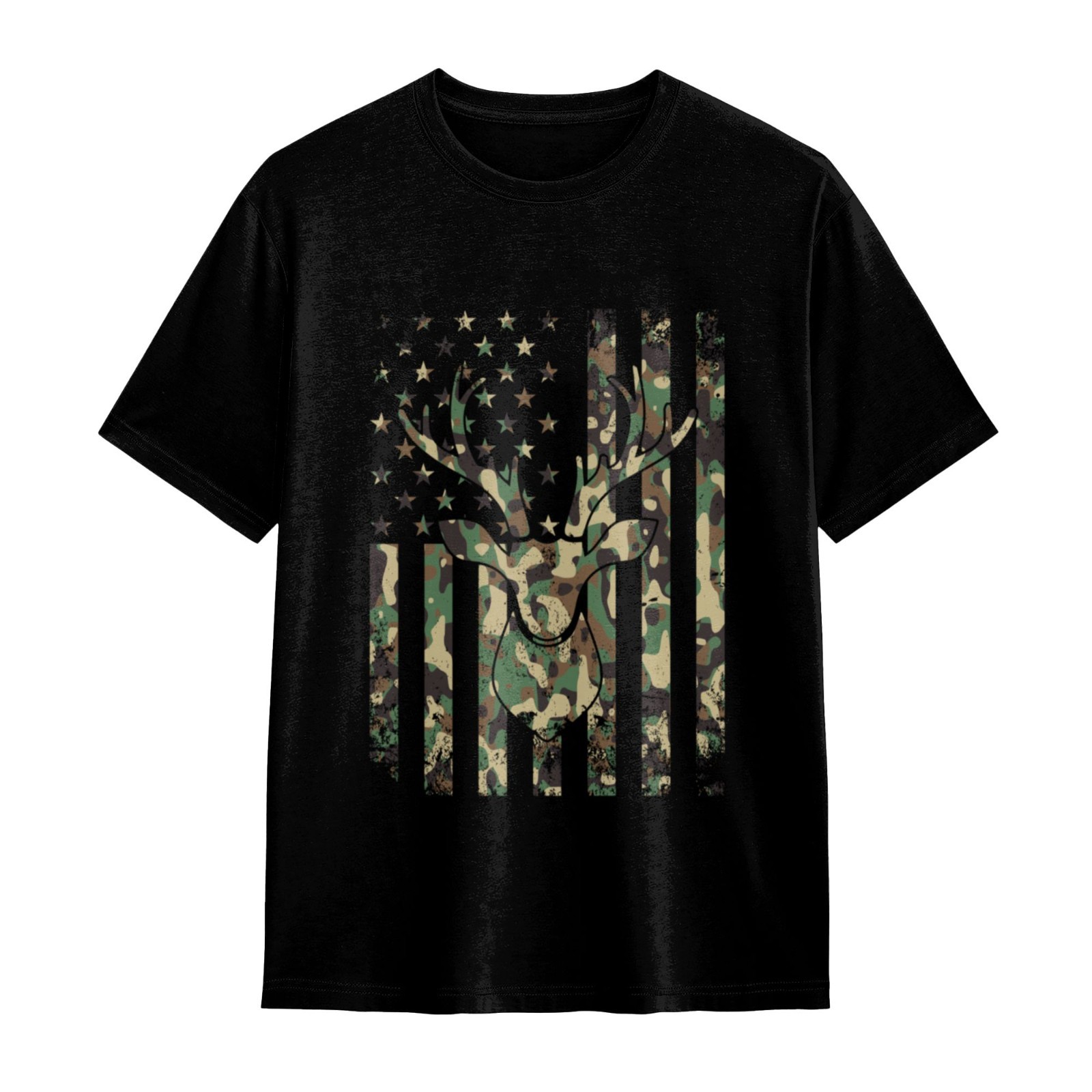 Vintage Distressed Camo Deer USA Flag Cotton T-Shirt Hunting Wildlife Lover