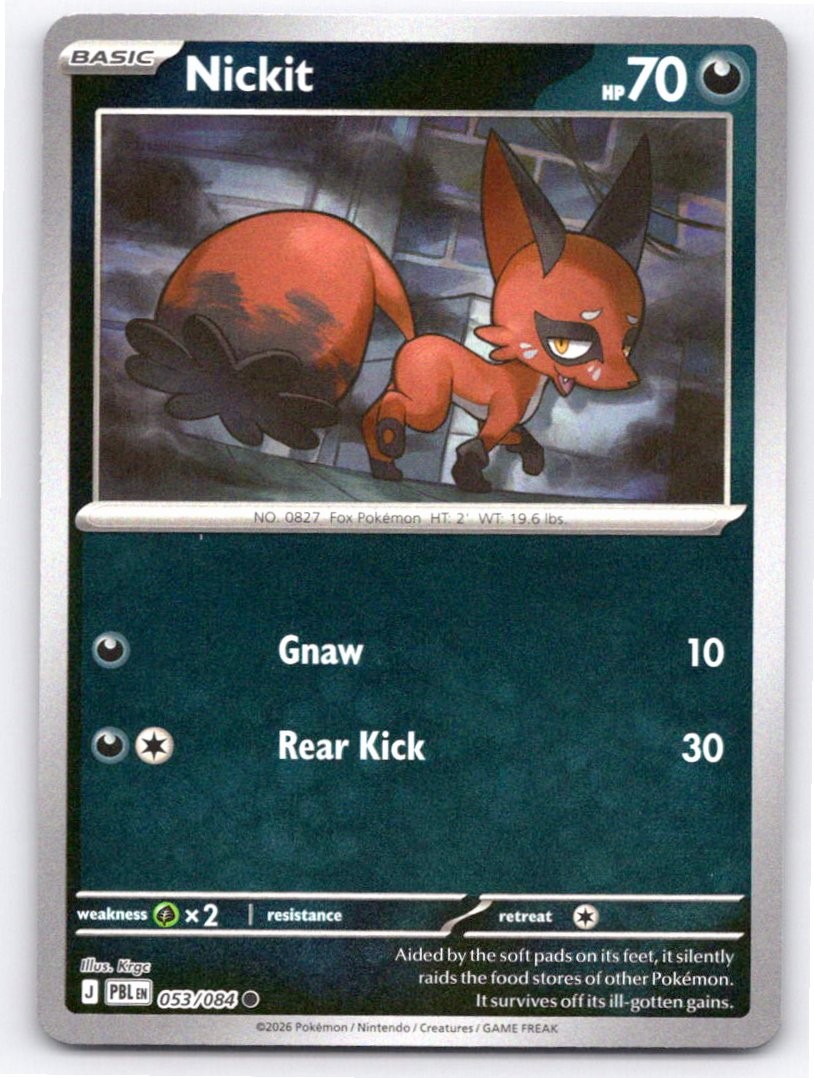 2026 POKEMON NICKIT PITCH BLACK 053/084 REVERSE HOLO COMMON NM A29043 FREE S&H 2026 POKEMON NICKIT PITCH BLACK 053/084 REVERSE HOLO COMMON NM A29043 FREE S&H