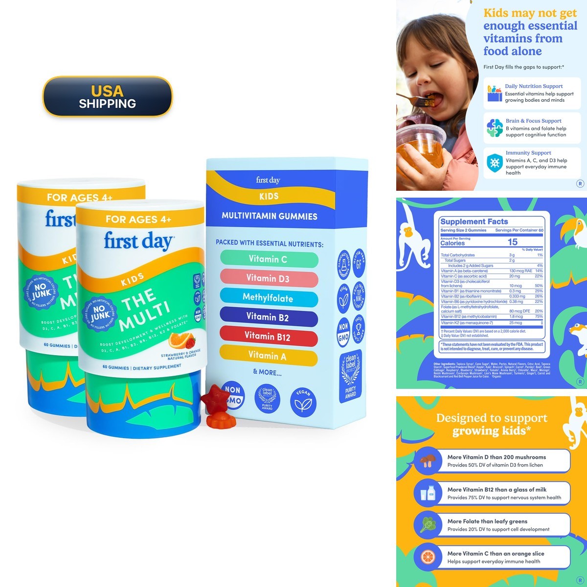 FIRST DAY Kids Multivitamin Gummies Age 4+ Strawberry & Orange - 60 Day Supply FIRST DAY Kids Multivitamin Gummies Age 4+ Strawberry & Orange - 60 Day Supply