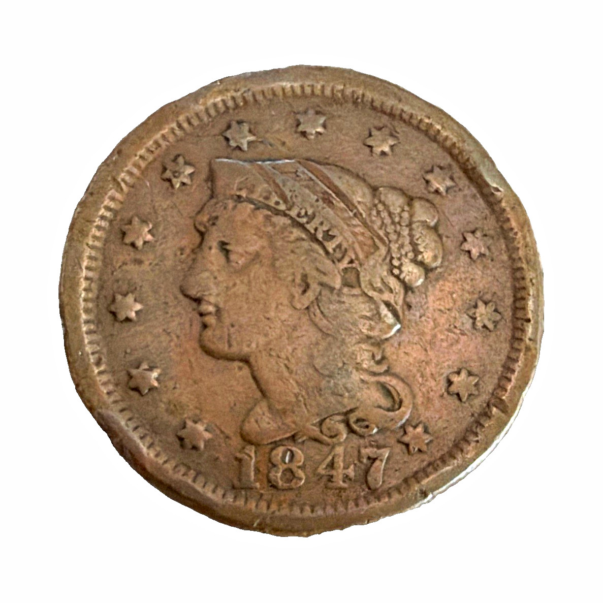1847 Braided Hair Large Cent 1C Brown Copper Business Strike Philadelphia KM#45 1847 Braided Hair Large Cent 1C Brown Copper Business Strike Philadelphia KM#45